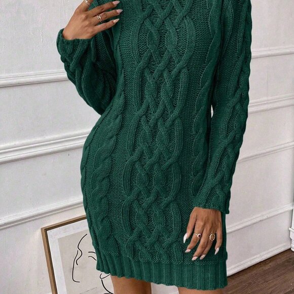 Dark Green Casual Women's Christmas Turtleneck Knit Dress - Picture 3 of 7